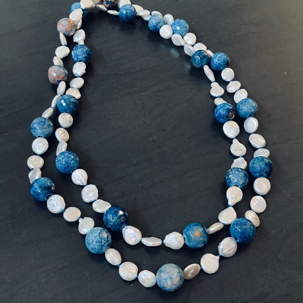 Shimmering Pearl & Blue Stone Necklace